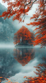 Island of red autumn trees mirrored in still lake water.
