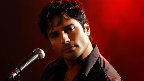 Male vocalist leans toward microphone under vivid red light