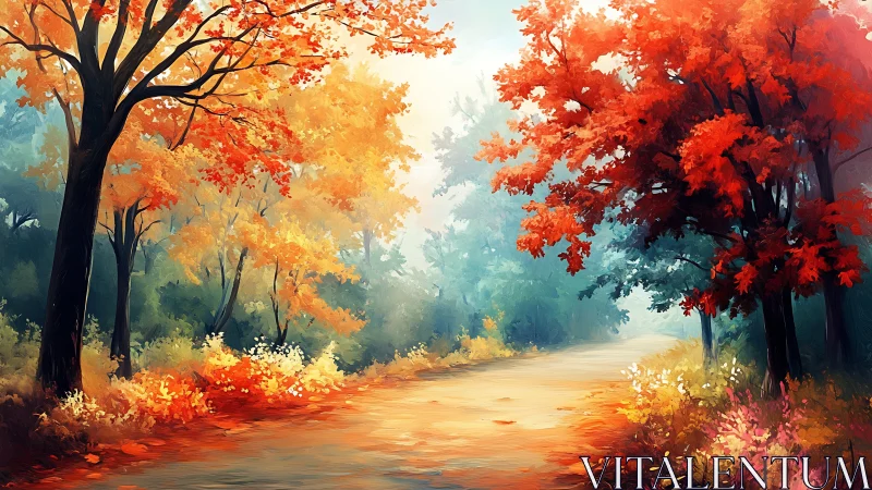 Autumnal Forest Avenue: Chromatic Deciduous Canopy with Atmospheric Perspective