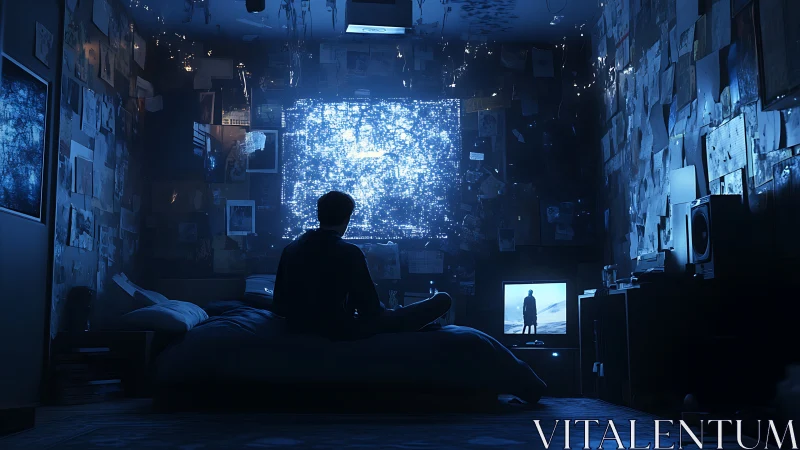 Solitary figure watches luminous digital portal at night.