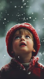 Child gazes upward in first snowfall with quiet wonder.