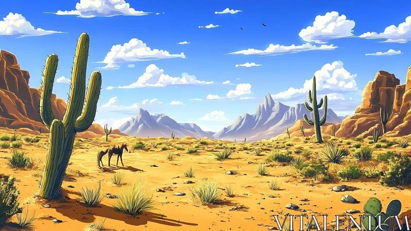 Sunlit desert horses wandering between tall, quiet cactus.