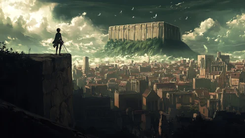 Lone scout surveys fortified citadel above vast cityscape