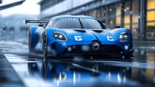 Photoreal track-ready blue race car in wet pit lane focus.
