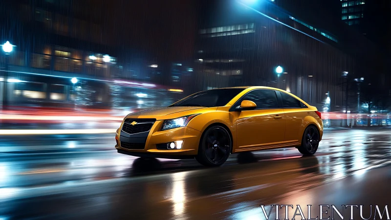 Golden city sedan glides confidently through rainy night streets