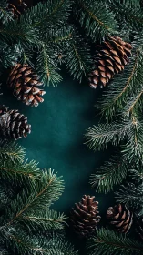 Evergreen branches quietly frame a wintry pinecone stage