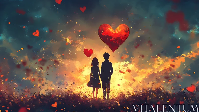 Two Silhouettes Stand United Beneath Glowing Hearts in Fiery Landscape.