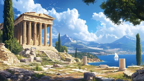 Sunlit Greek temple ruins overlook a tranquil cobalt sea.