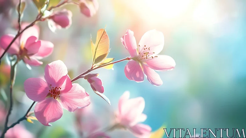 Delicate Pink Blossoms Bloom Against Soft Sky.