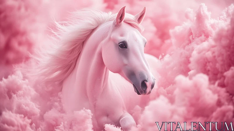 Dreamy pink horse drifting through cotton candy clouds.
