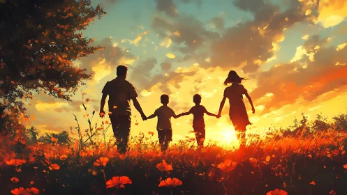 Backlit family silhouettes traversing luminant sunset meadow.
