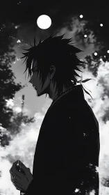 Nocturnal anime profile under moonlit monochrome sky.