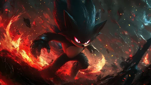Dark hedgehog warrior charges through erupting firestorm.