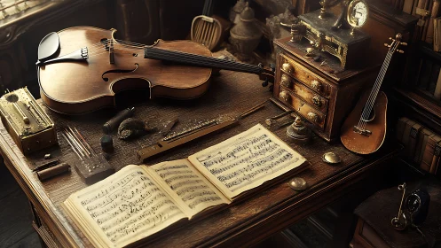Velvet strings and clockwork memories on a composer’s desk.