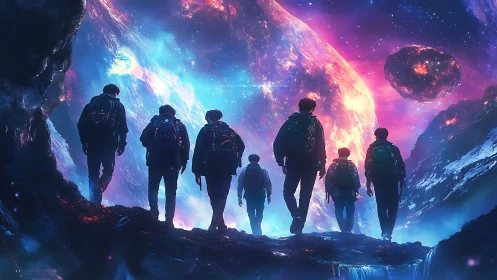 Cosmic expedition tableau in luminous sci fi digital painting.