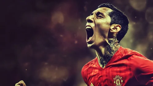 Dynamic close-up of shouting footballer in red kit, stylized lighting