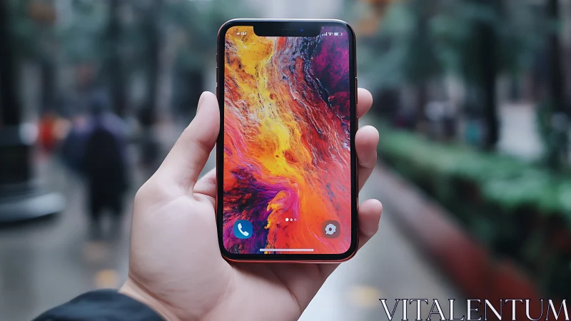 Hand holding smartphone with abstract fluid display wallpaper.
