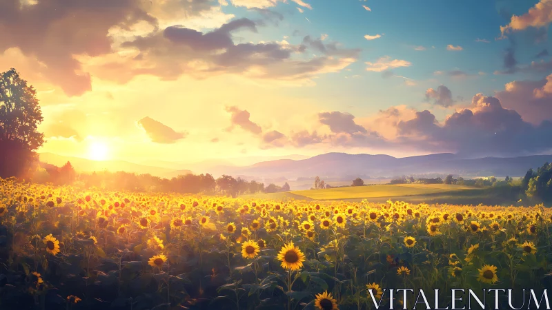 Sunlit sunflower field stretches toward distant blue hills
