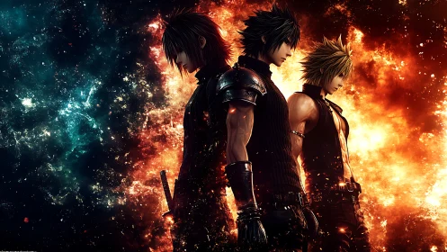 Triple warrior lineup against cosmic fire and nebula glow.