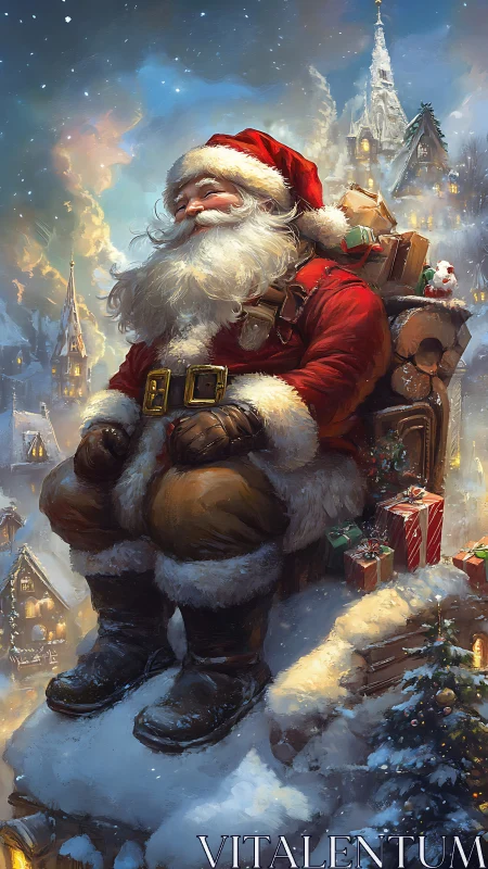 Santa resting on snowy rooftop above glowing village.