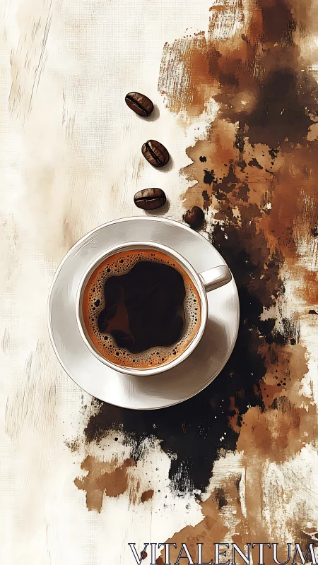 Cozy coffee cup resting amid warm painterly splashes.