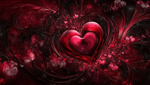 Red Heart Shapes Against Dark Swirling Fractal Background