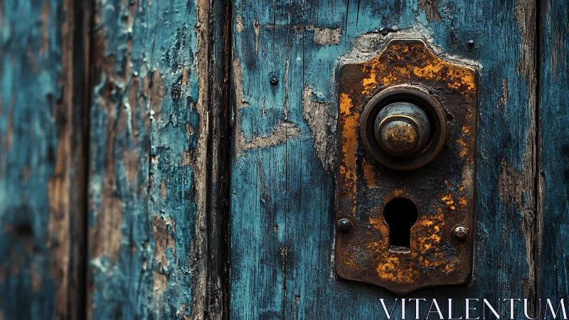 Rusty door lock on peeling blue wooden surface closeup.