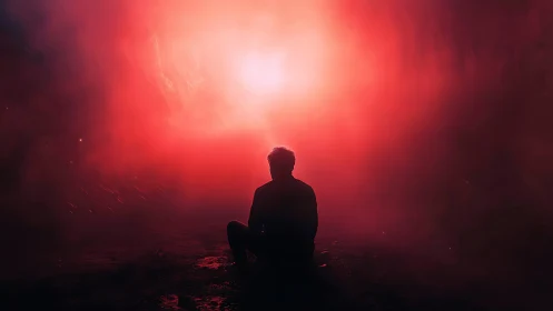 Silhouette figure sits facing intense red backlit fog bank