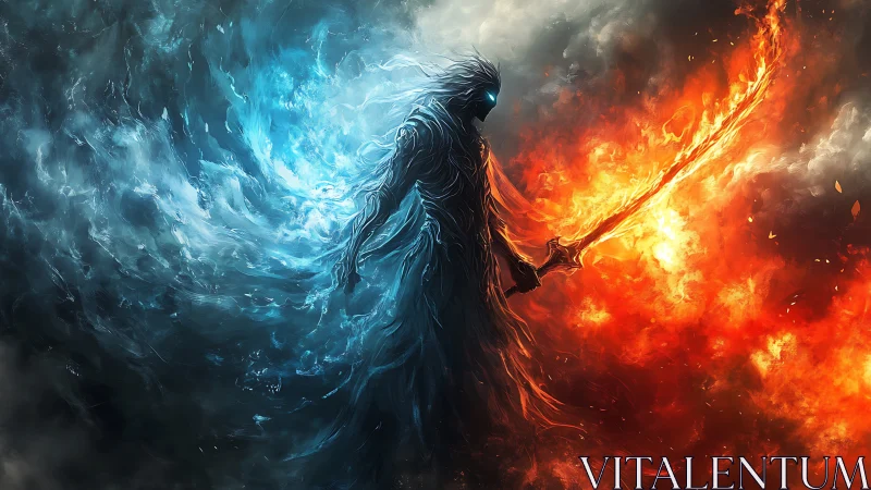 Elemental warrior stands between raging fire and ice storm.