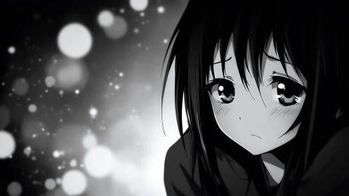 Softly worried anime girl amid drifting grayscale bokeh glow.