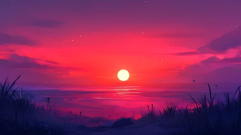 Digital seascape with sun over horizon and coastal grasses.