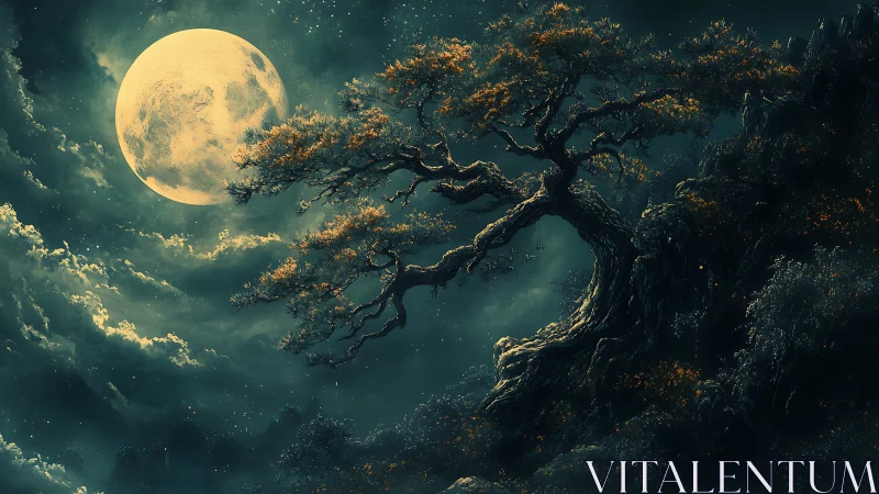 Ancient twisted tree under large full moon at night.