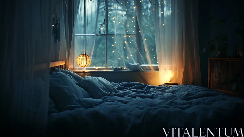 Cozy bedroom glows with warm fairy lights at twilight