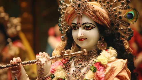 Jeweled flute player smiles through a halo of warm light
