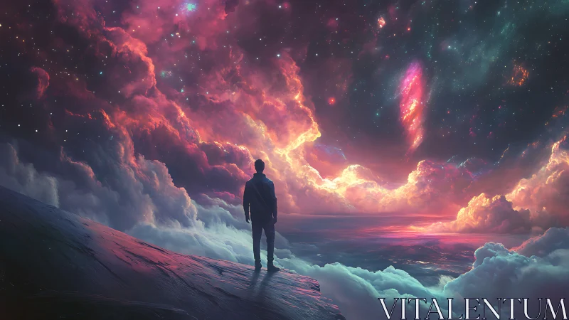 Solitary dreamer gazes into a cosmic dawn above the clouds