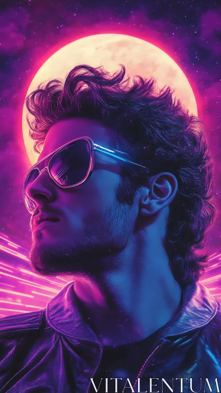 Neon lit male portrait posed before glowing magenta moon