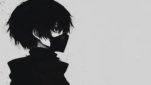 Masked dusk wanderer in stark monochrome silence.