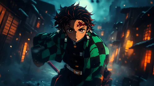 Blade-bright warrior charging through emberlit winter street.