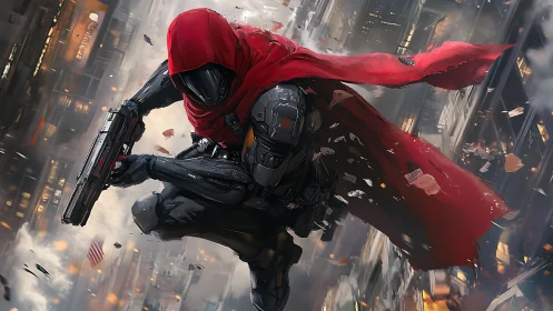 Scarlet hood streaks through a shattered neon skyline