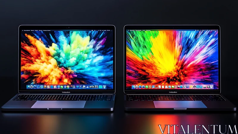 Twin neon laptops ignite side‑by‑side technicolor galaxies.