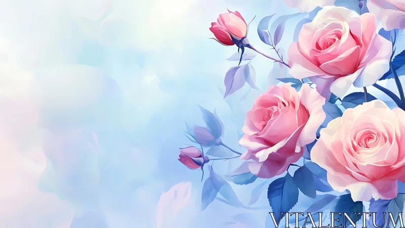 Digital floral arrangement with soft-focus pink roses and blue foliage.
