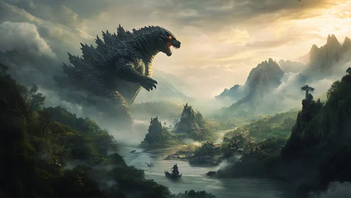Colossal kaiju towers over misty river valley kingdom.