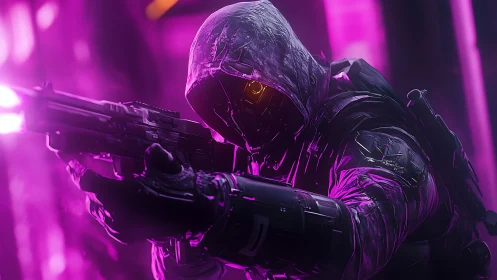 Hooded cybernetic marksman aims rifle under neon magenta haze