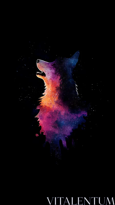 Wolf silhouette glows with cosmic nebula colors in darkness.