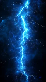 Intense blue lightning bolt cutting through dark night sky.