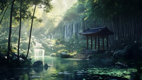 Serene bamboo waterfall garden frames reflective Zen pavilion