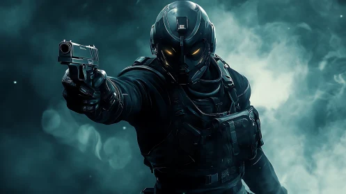 Cyberpunk tactical enforcer in fog-heavy frontal standoff.