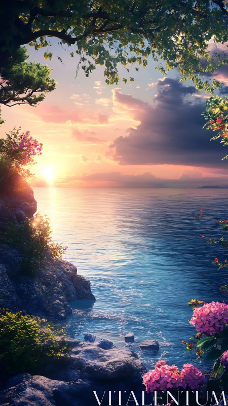 Coastal inlet with rocky shore and sunset illumination.