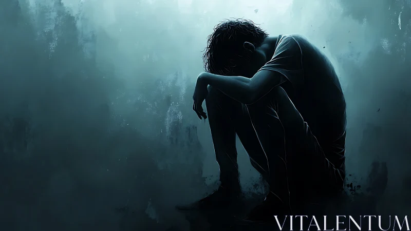 Solitary figure sitting in darkness with head lowered