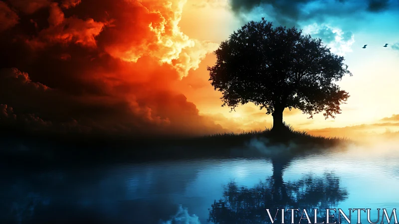 Solitary tree divides fiery dusk and cool dawn reflection